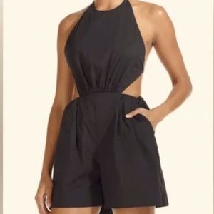 STAUD Halterneck Romper Jumpsuit Scort Black Sash-Tie Open Back Size: M I US 6